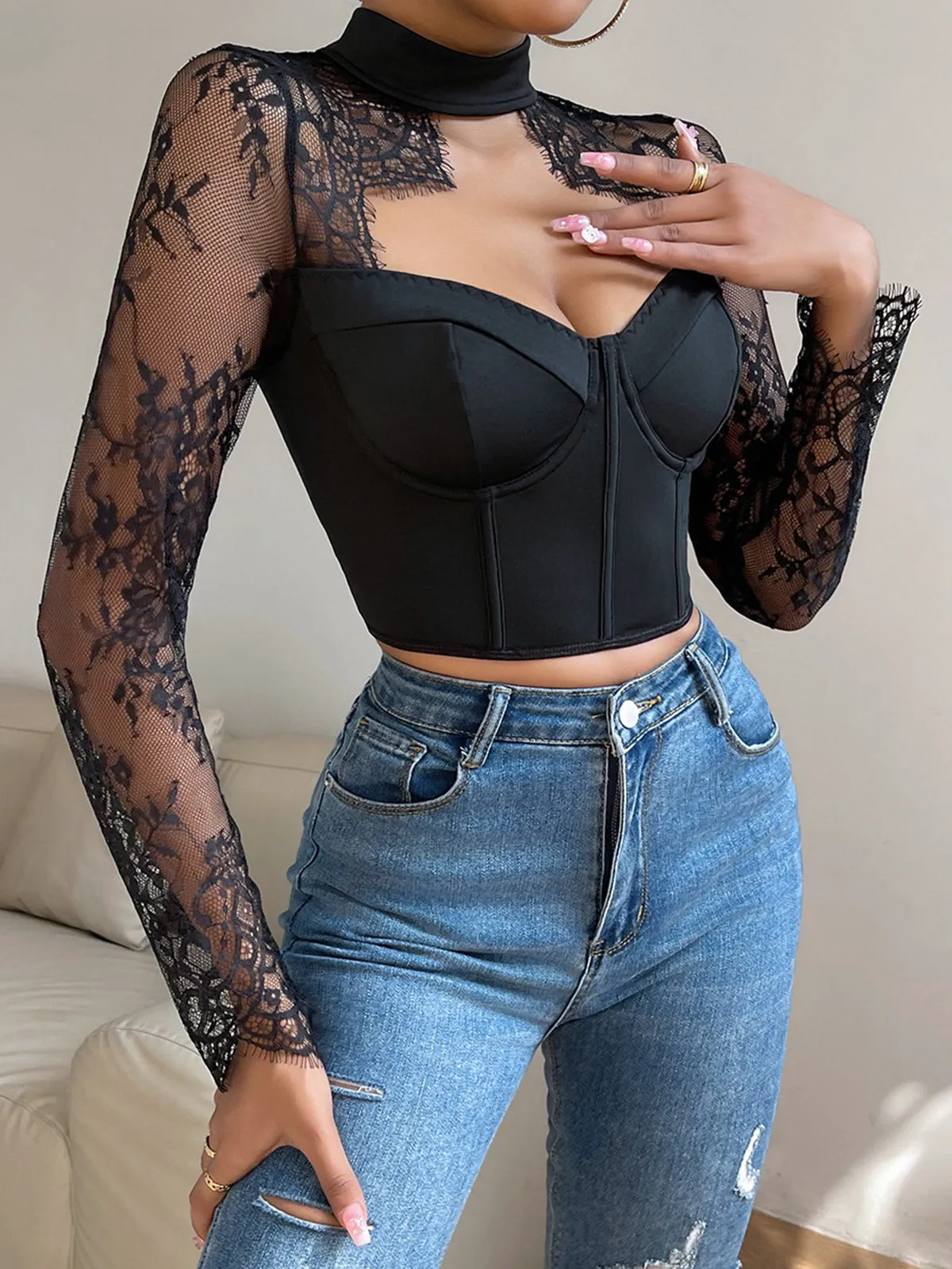 Cutout Lace Panel Skinny Top sold by COMMENSE product image thumbnail 2