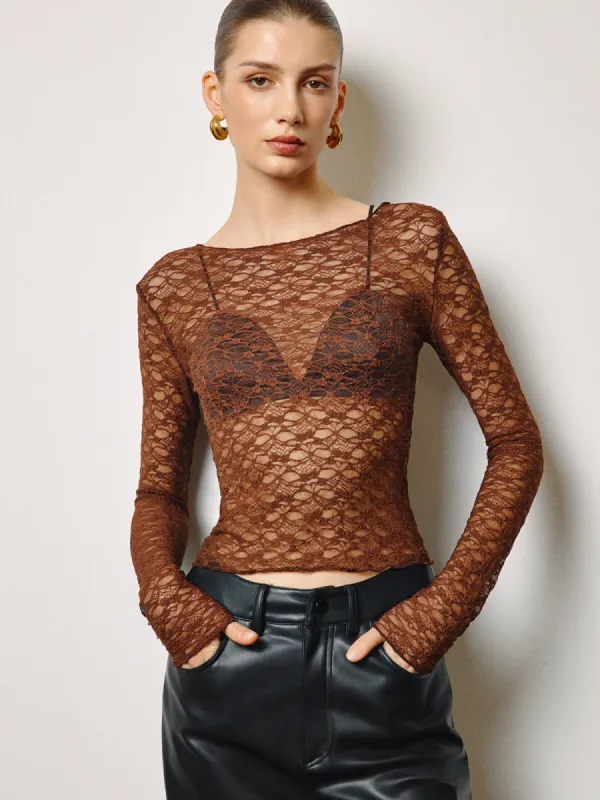 Semi-Sheer Skinny Lace T-Shirt sold by COMMENSE