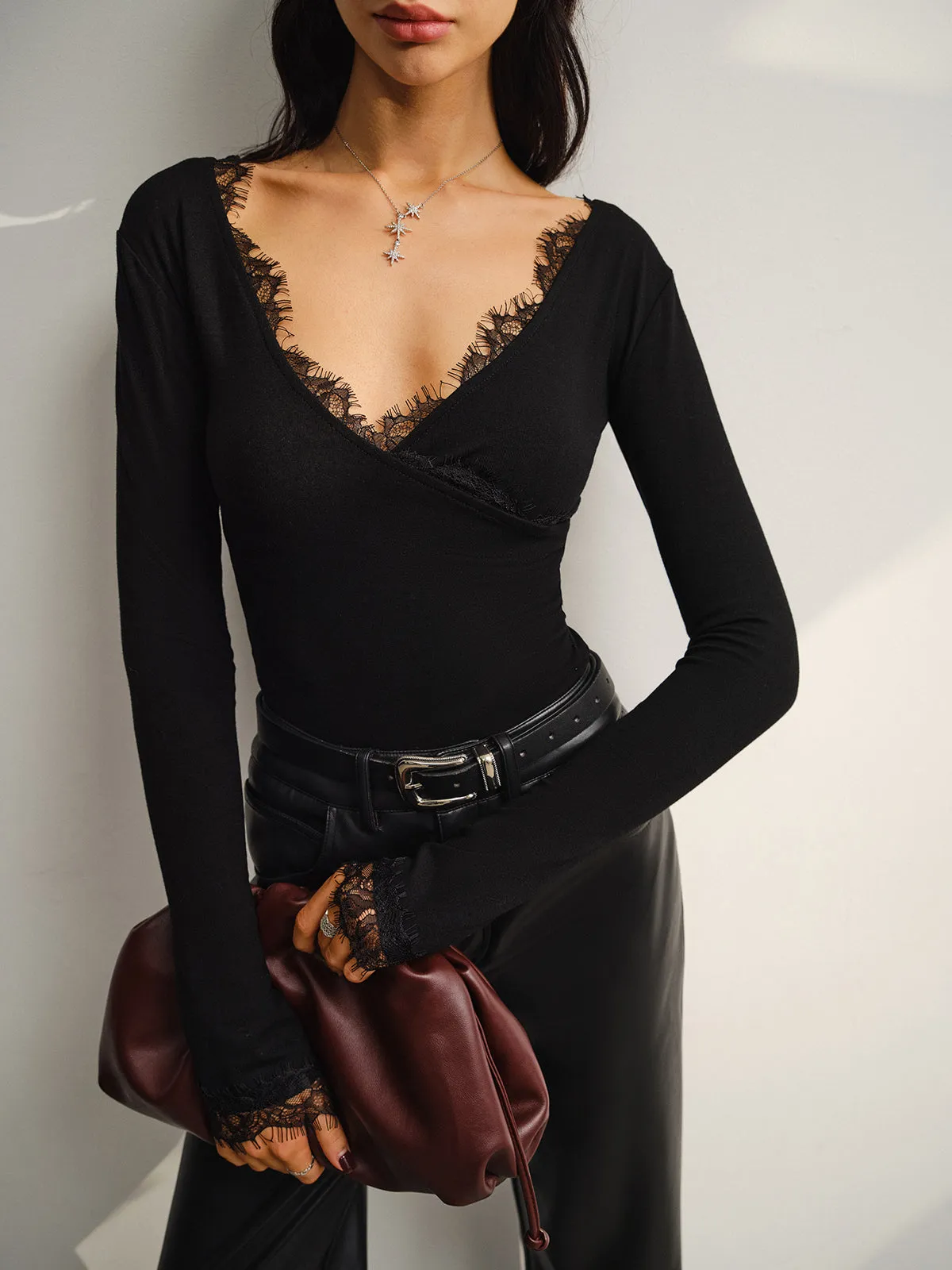 V-Neck Lace Trim Skinny T-Shirt sold by COMMENSE