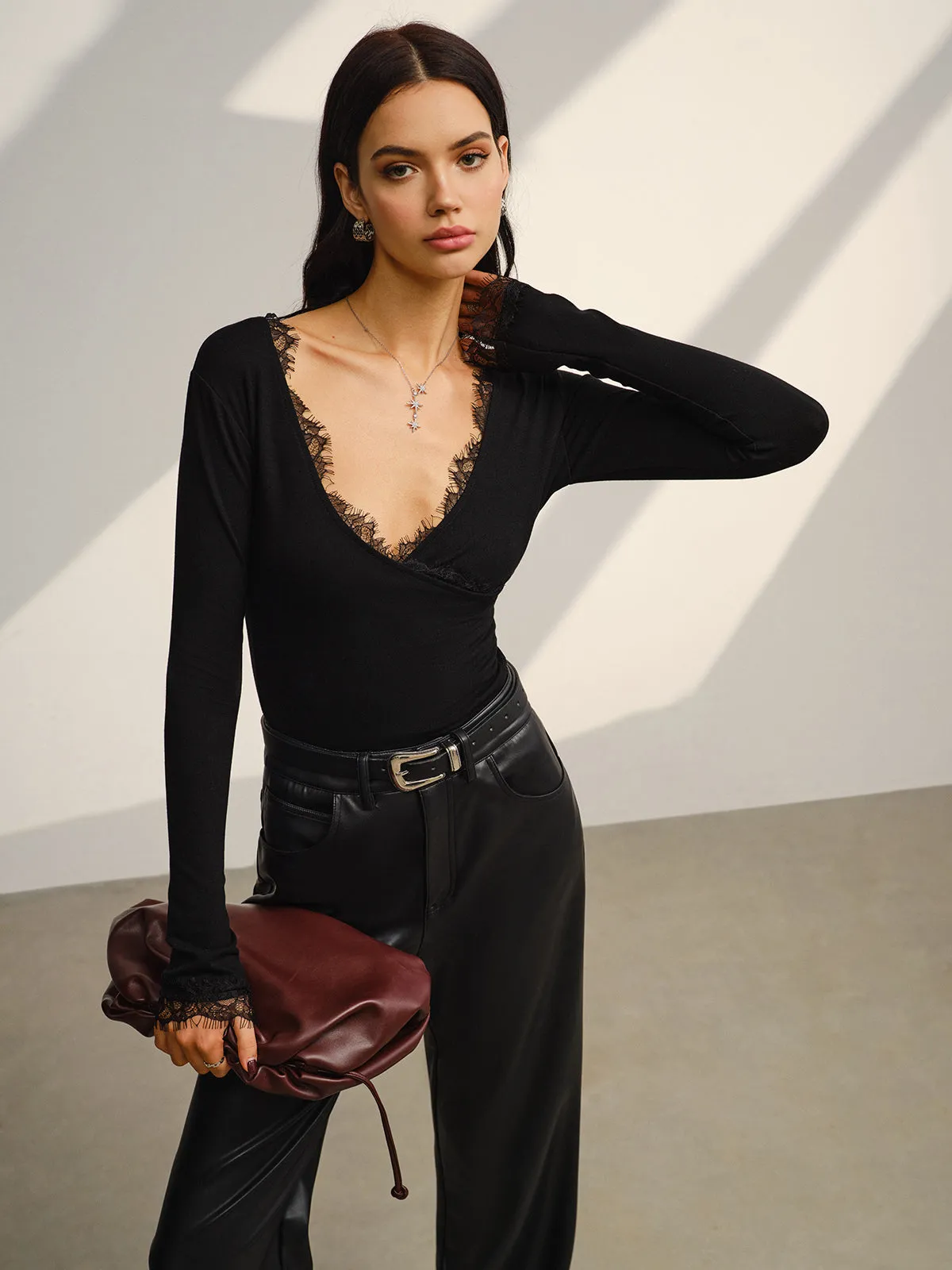 V-Neck Lace Trim Skinny T-Shirt sold by COMMENSE product image thumbnail 4