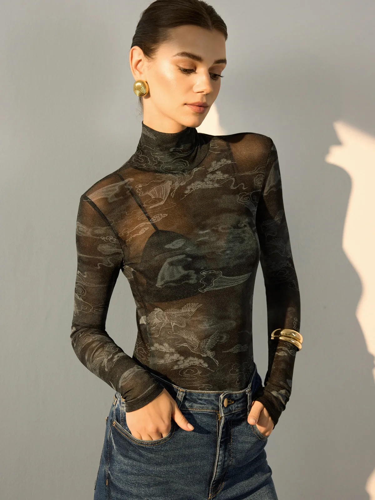 Mock Neck Printed Semi-Sheer T-Shirt sold by COMMENSE product image thumbnail 3