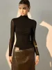 Mock Neck Sheer Sleeve Skinny T-Shirt sold by COMMENSE
