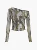 Asymmetrical Printed Crop Mesh T-Shirt sold by COMMENSE
