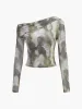 Asymmetrical Printed Crop Mesh T-Shirt sold by COMMENSE