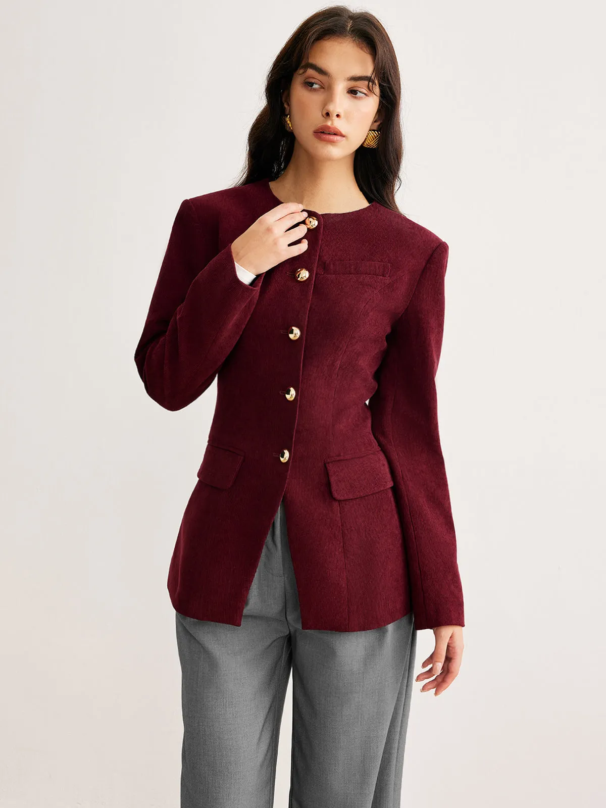 Round Neck Button Corduroy Blazer sold by COMMENSE product image thumbnail 4