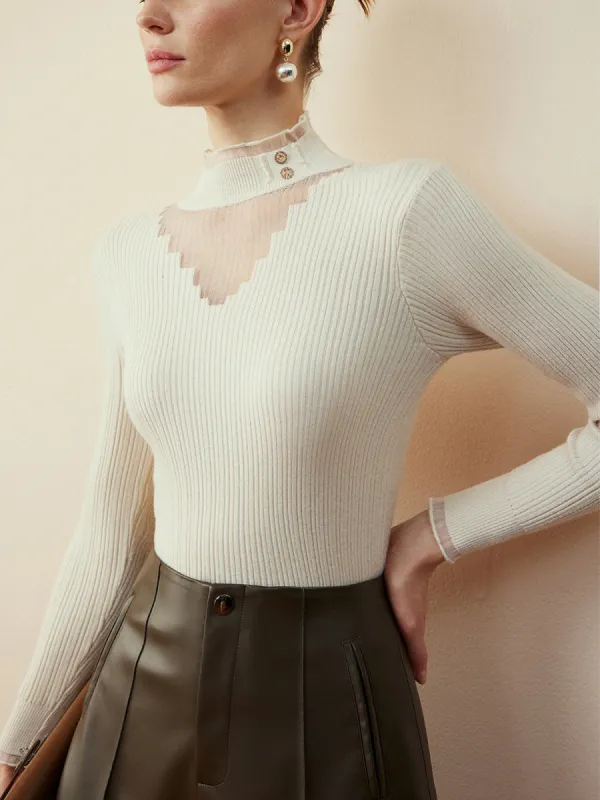 Mock Neck Sheer-Detail Slim Knit Top made by COMMENSE