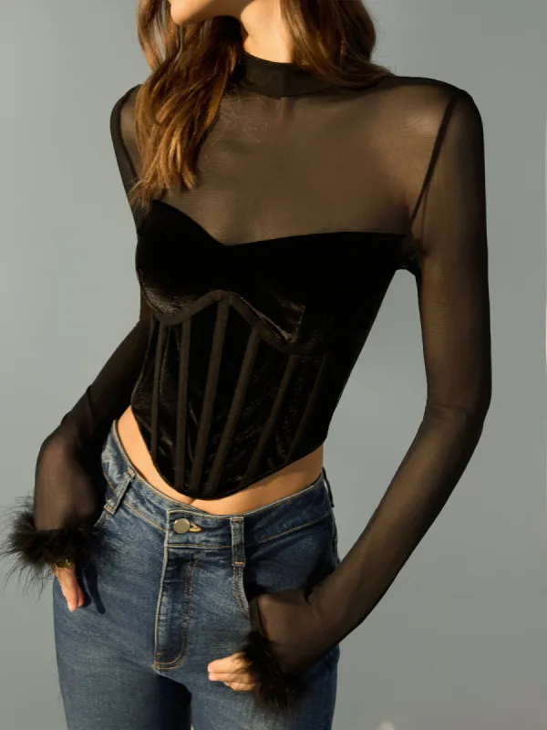 Tulle Panel Velvet Crop T-Shirt sold by COMMENSE