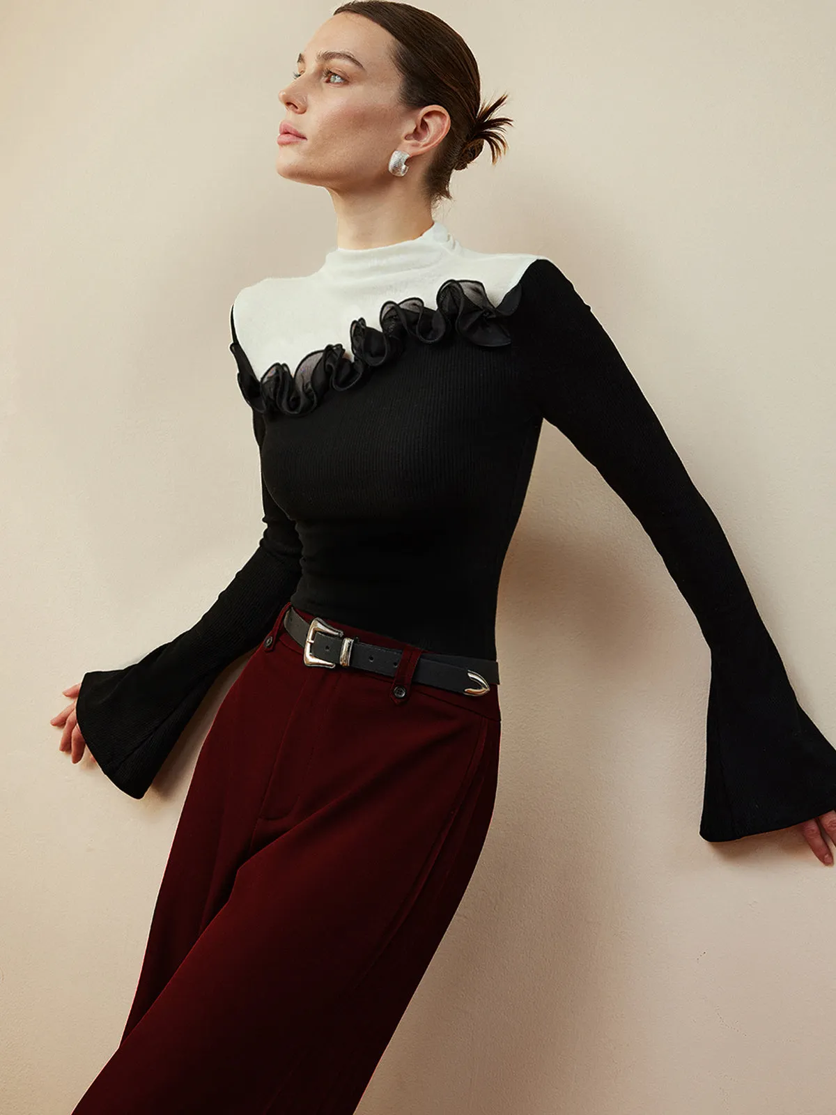 Romance Stand Collar Ruffle T-Shirt sold by COMMENSE