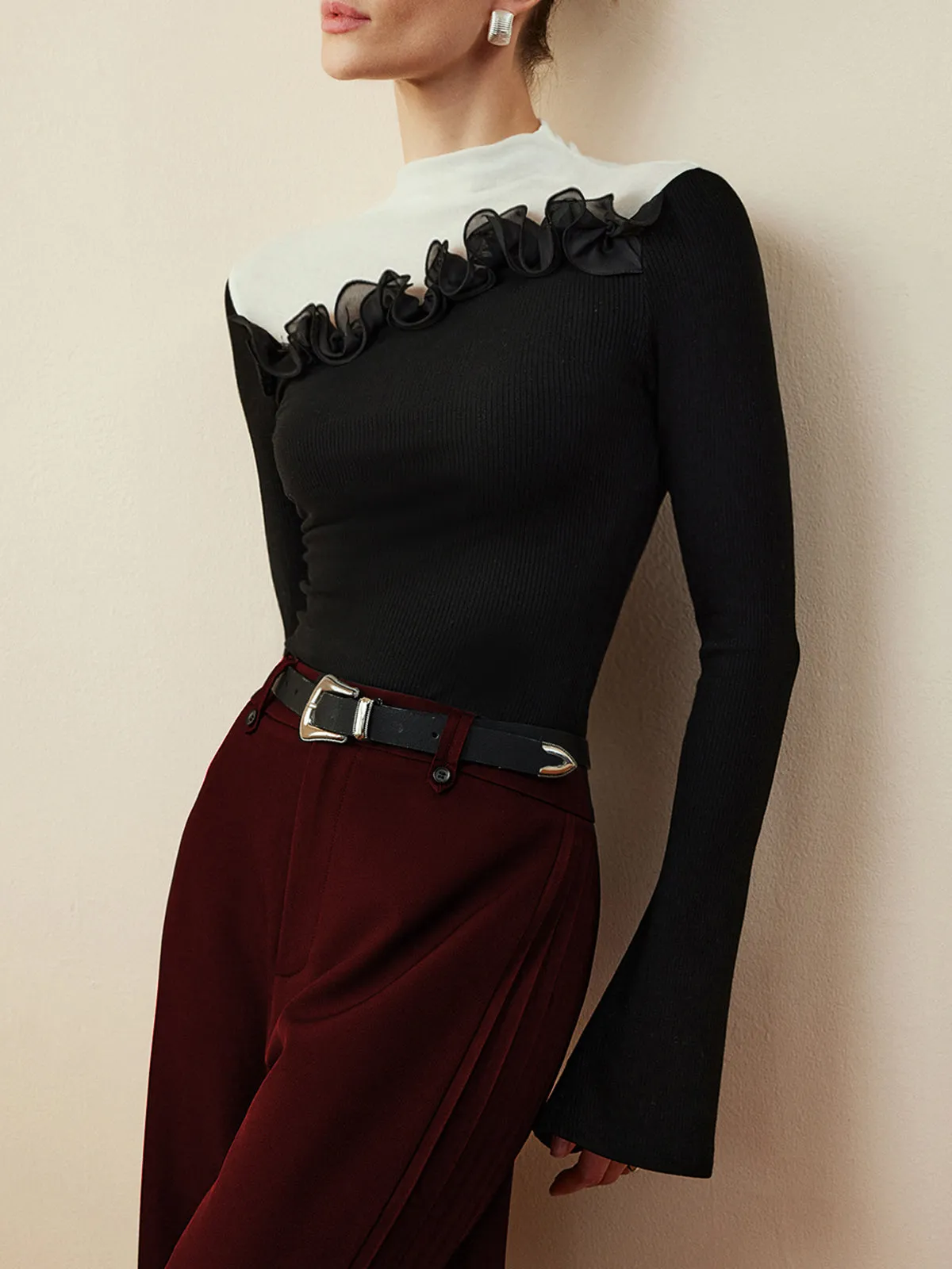 Romance Stand Collar Ruffle T-Shirt sold by COMMENSE product image thumbnail 2