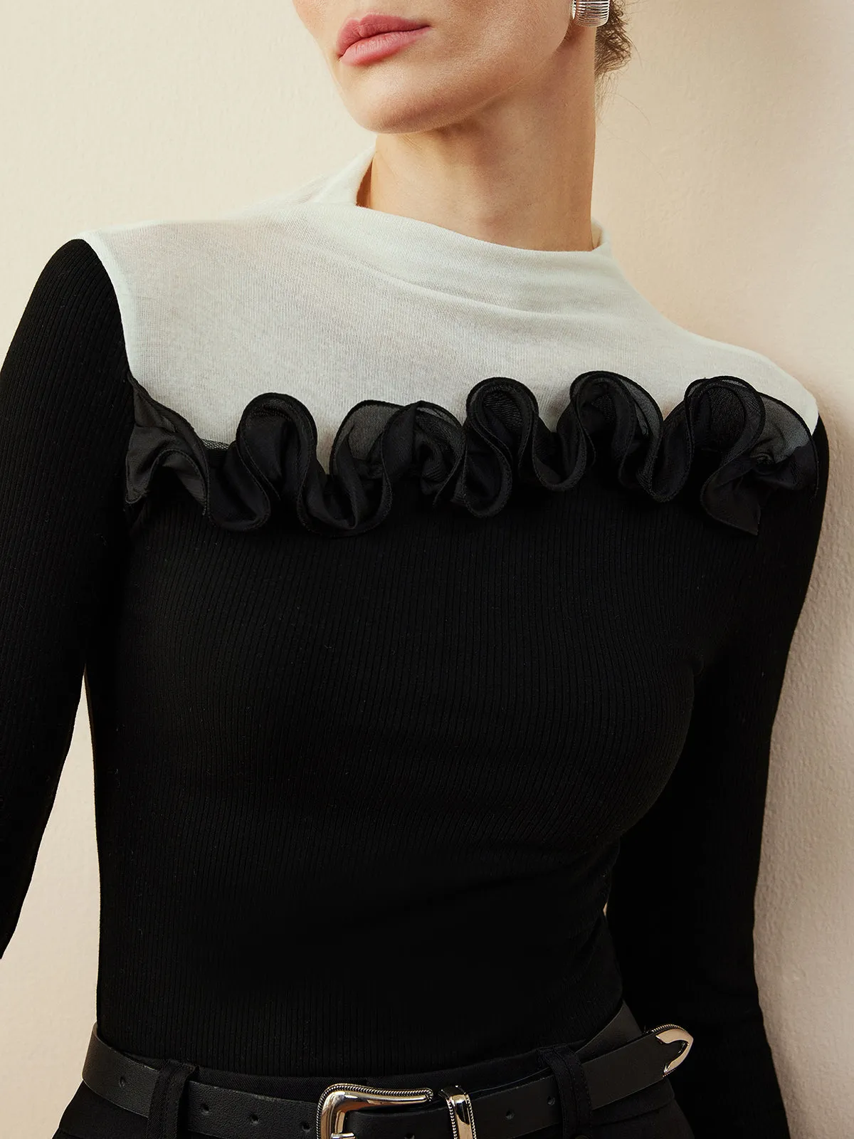 Romance Stand Collar Ruffle T-Shirt sold by COMMENSE product image thumbnail 4