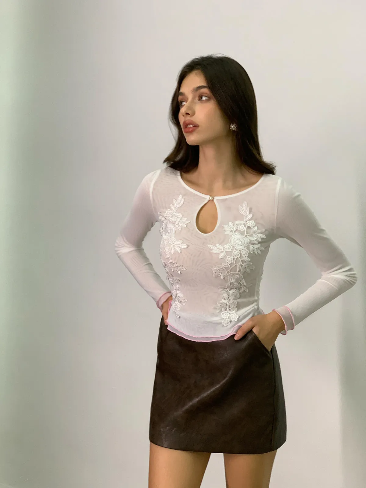 Keyhole Neckline Floral Mesh T-Shirt sold by COMMENSE product image thumbnail 2