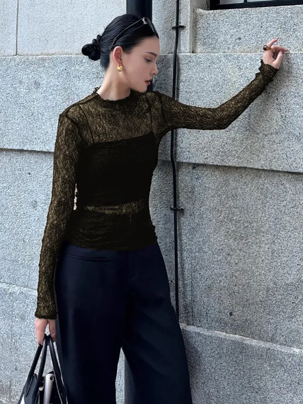 Semi-Sheer Lace Panel Jersey Two-Piece T-Shirt sold by COMMENSE
