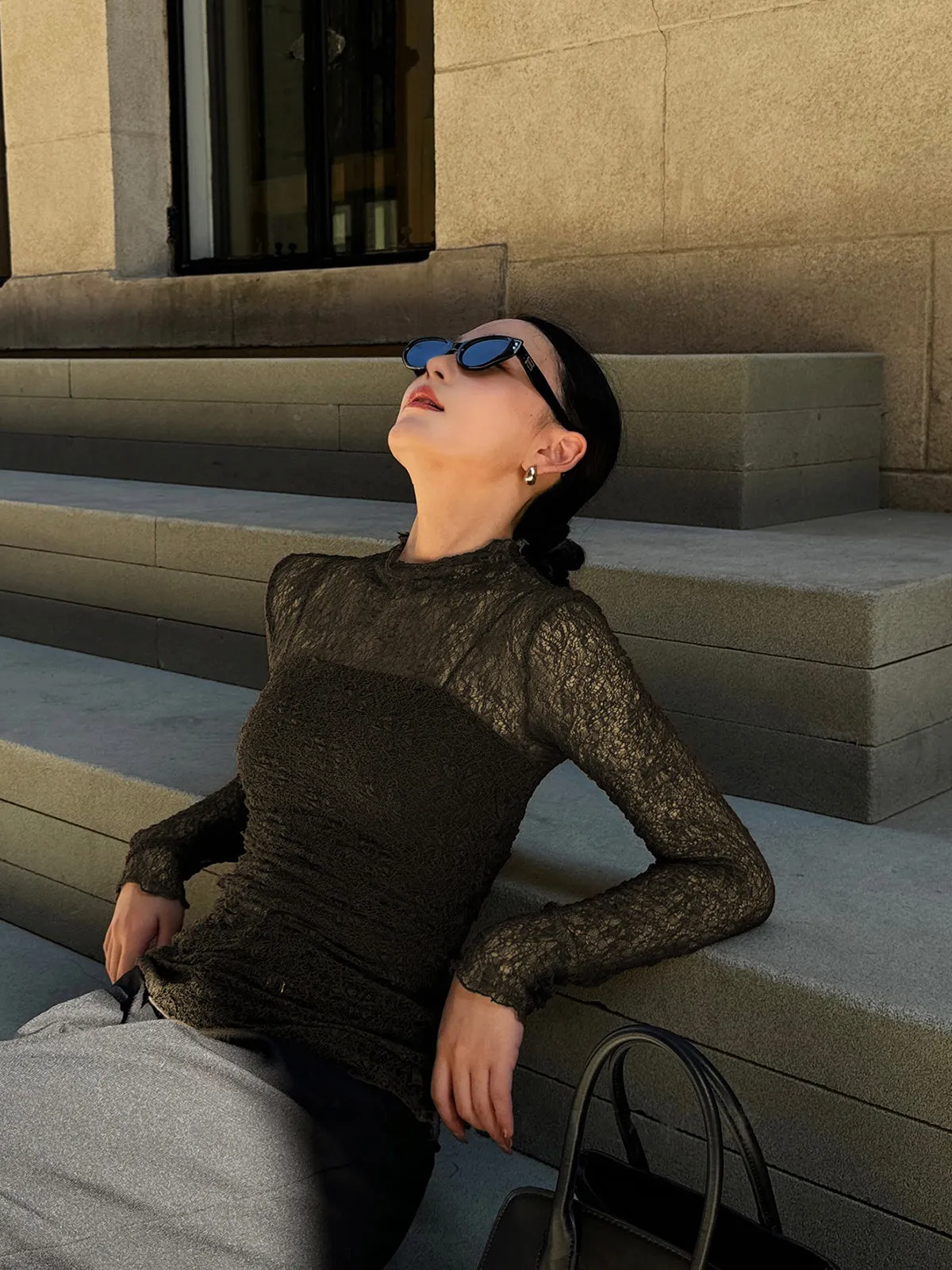 Semi-Sheer Lace Panel Jersey Two-Piece T-Shirt sold by COMMENSE product image thumbnail 3