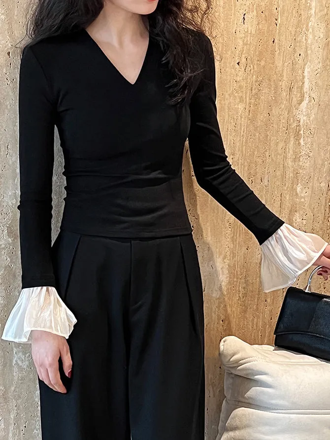 V-Neck Contrast Ruffle-Cuff T-Shirt sold by COMMENSE product image thumbnail 3