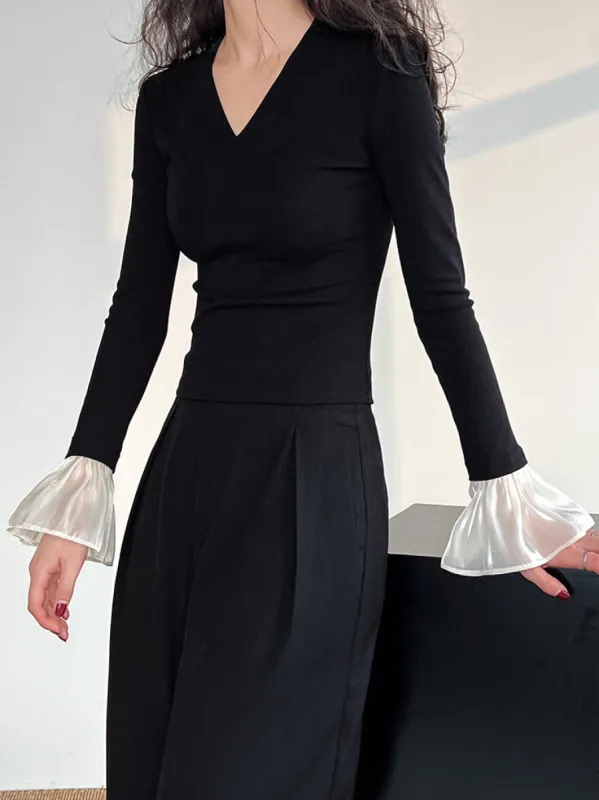 V-Neck Contrast Ruffle-Cuff T-Shirt sold by COMMENSE