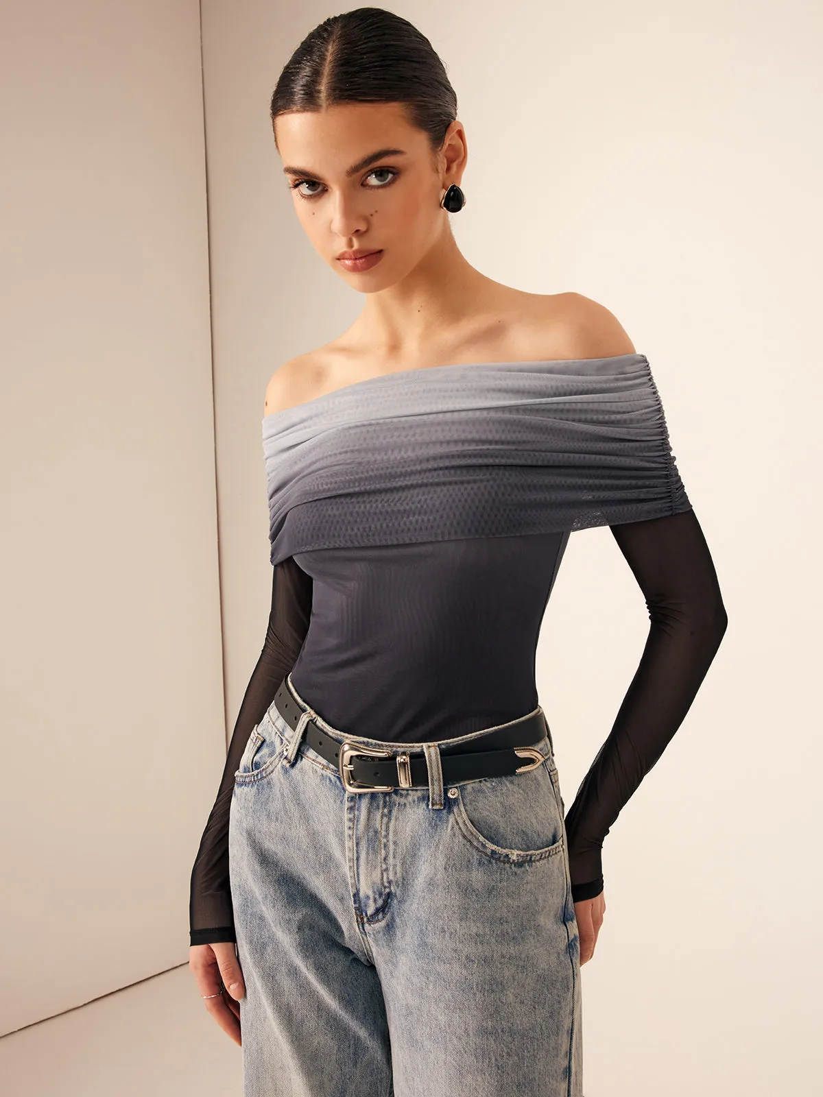Mesh Ruched Off Shoulder Ombre T-Shirt sold by COMMENSE product image thumbnail 2