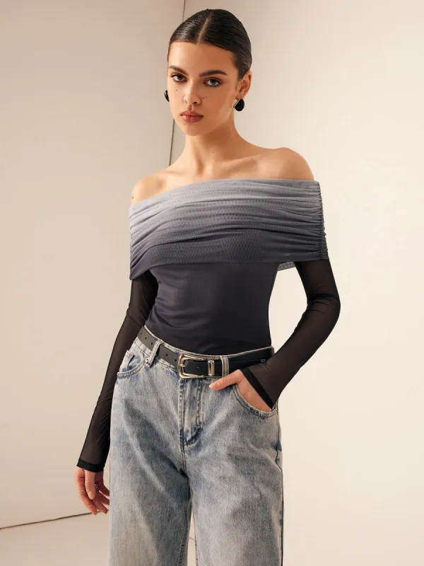 Mesh Ruched Off Shoulder Ombre T-Shirt sold by COMMENSE