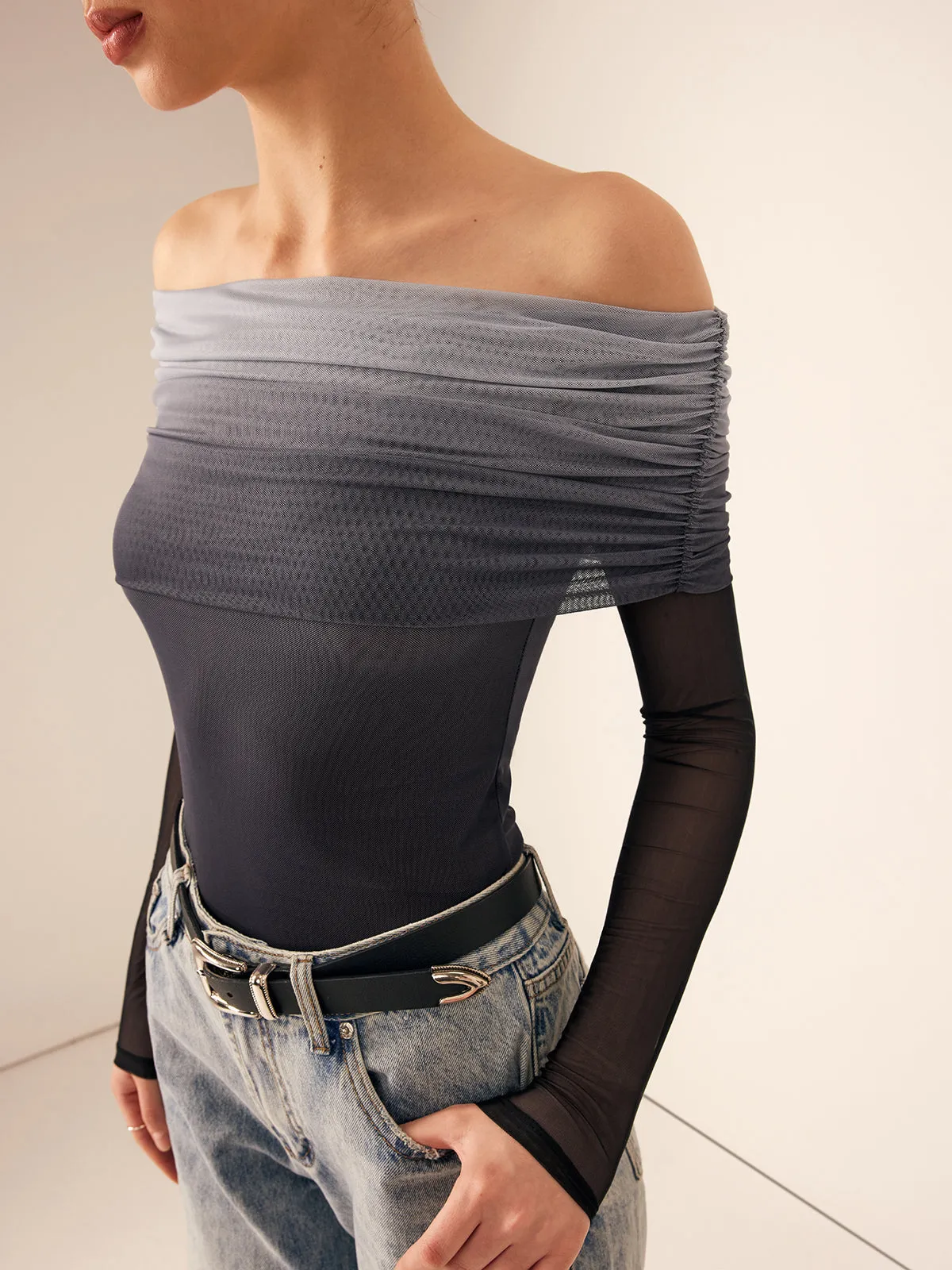 Mesh Ruched Off Shoulder Ombre T-Shirt sold by COMMENSE product image thumbnail 5