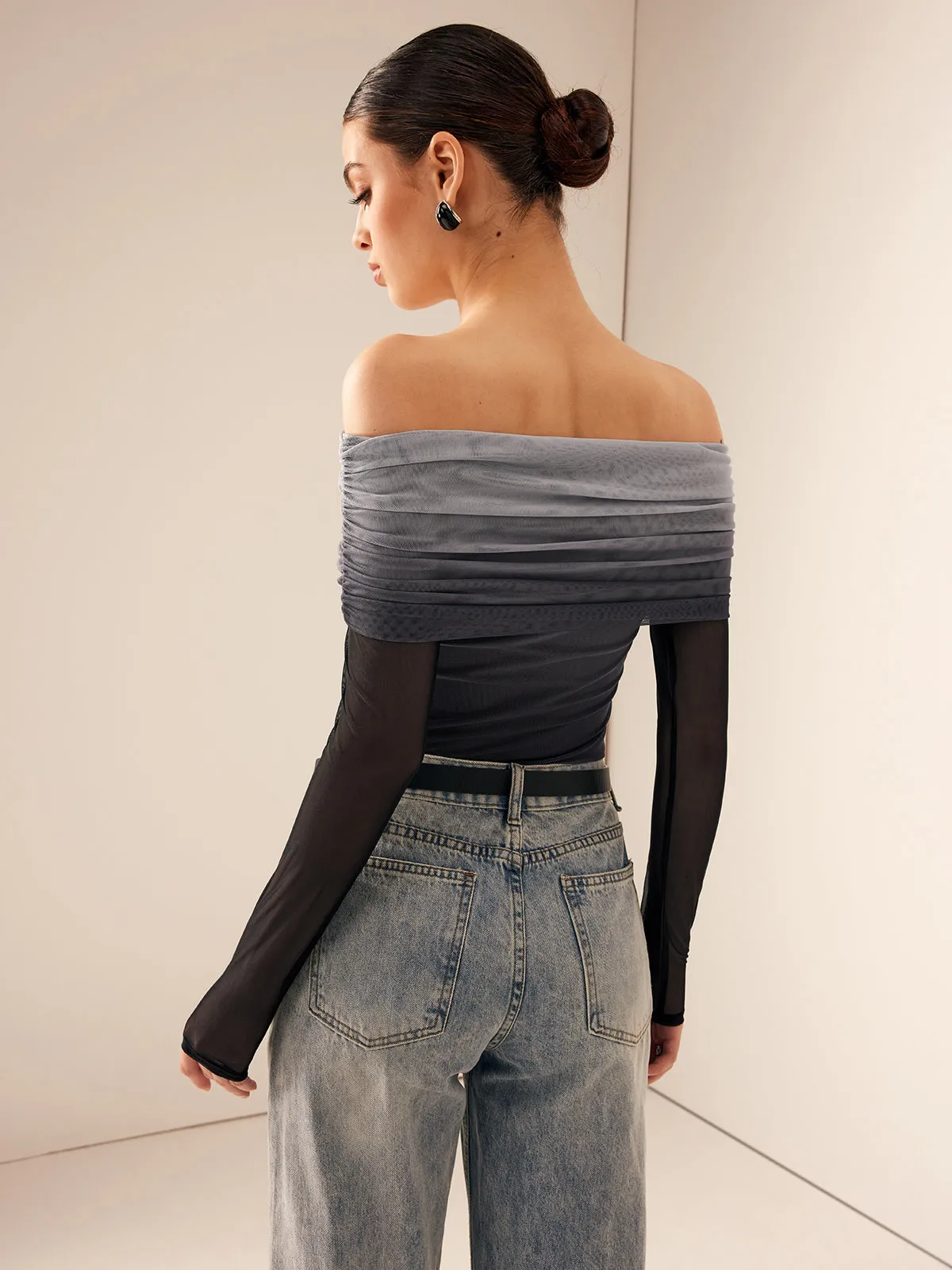 Mesh Ruched Off Shoulder Ombre T-Shirt sold by COMMENSE product image thumbnail 4
