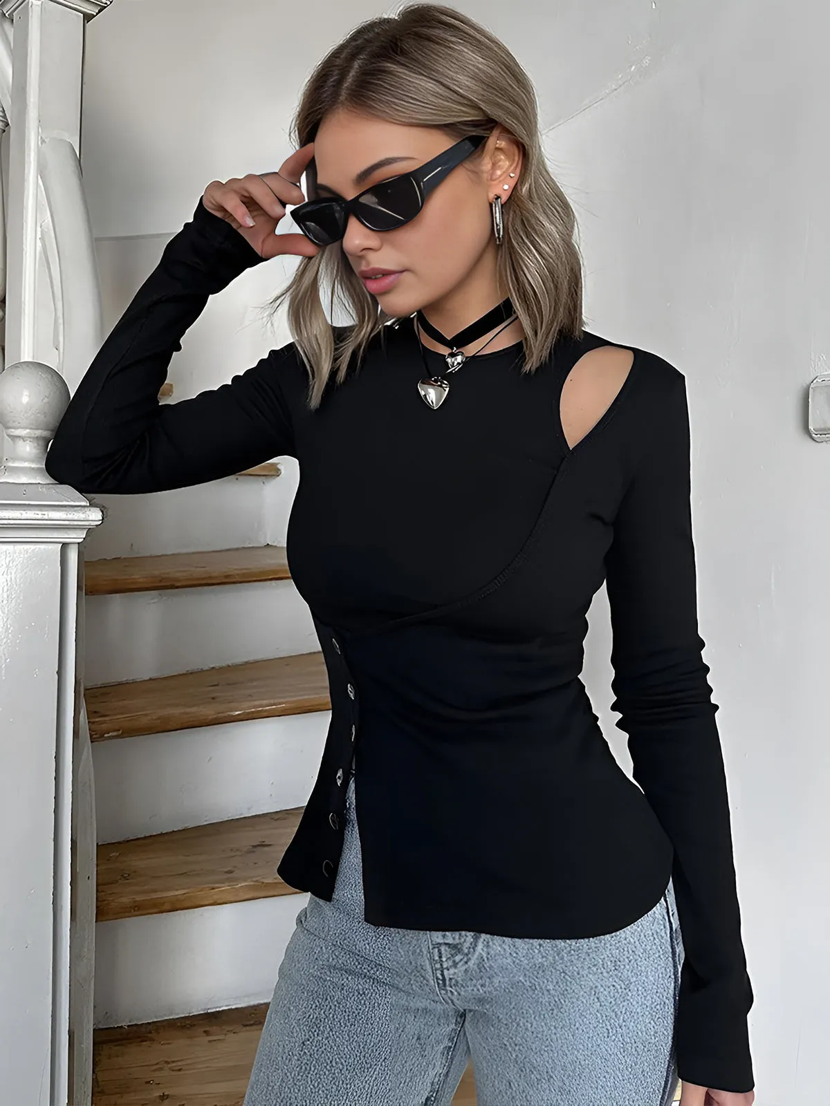 Cutout Panel Button T-Shirt sold by COMMENSE product image thumbnail 2