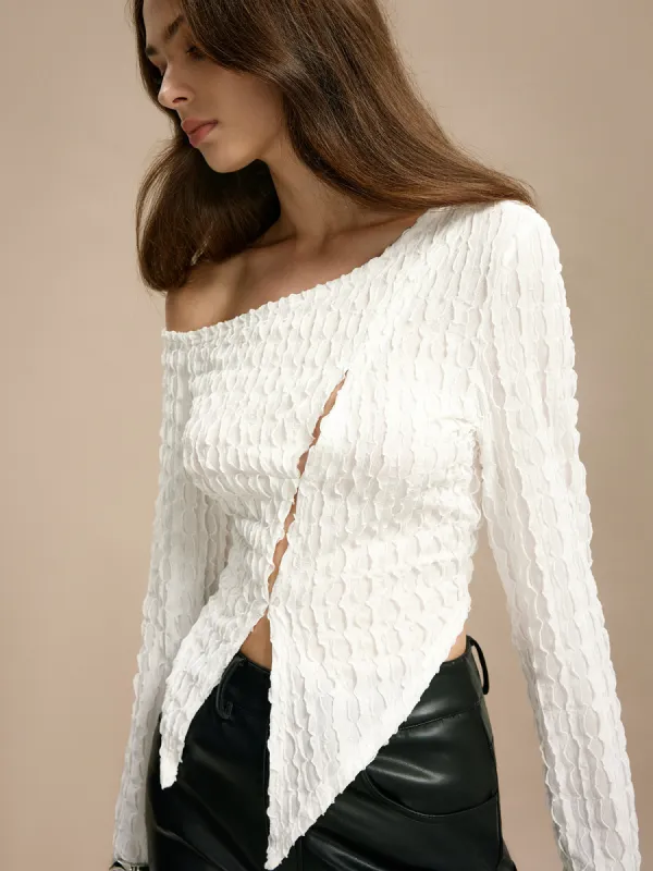 Cold Shoulder Cutout Plisse T-Shirt sold by COMMENSE