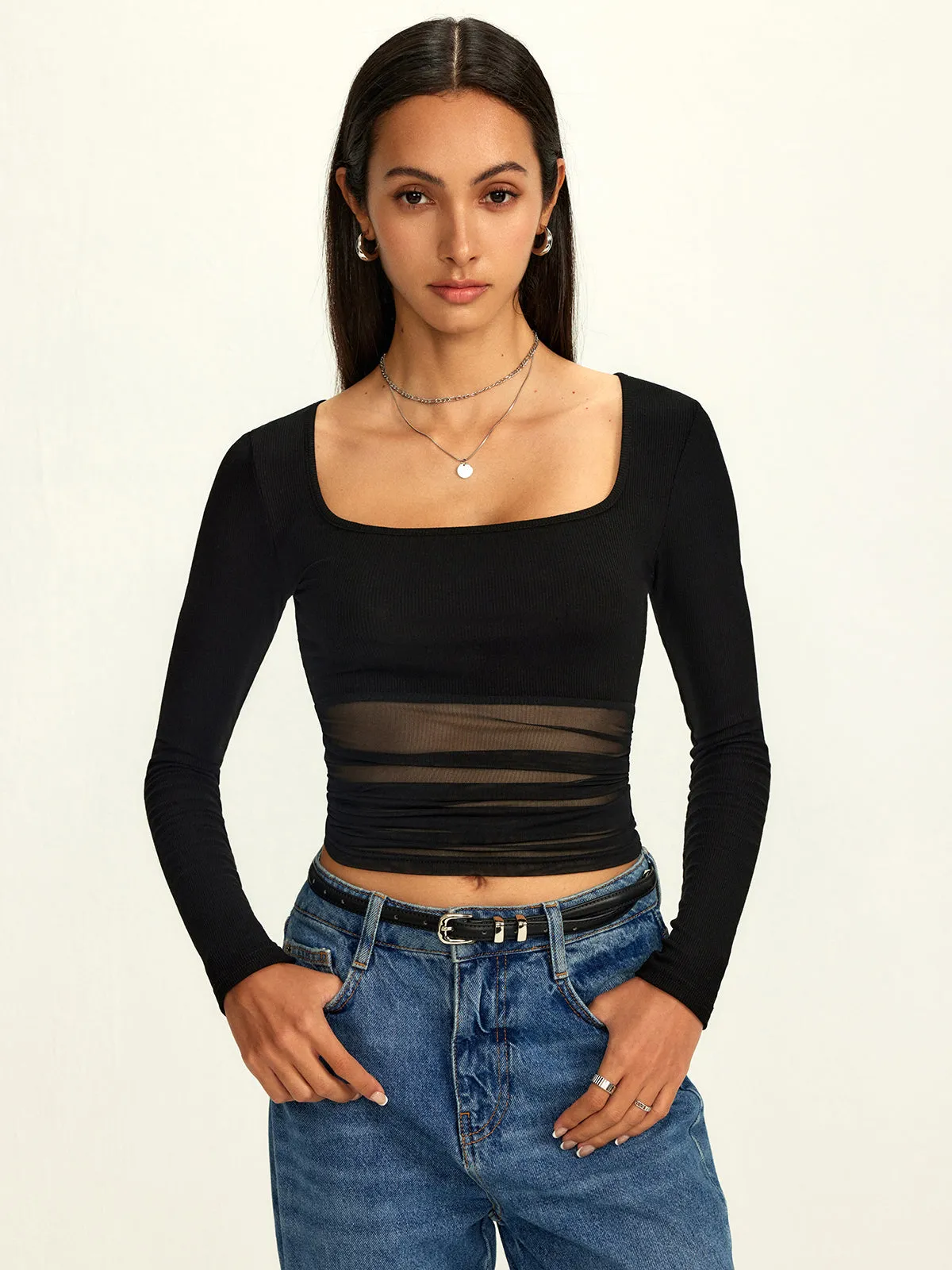 Mesh Square Neck Semi-Sheer T-Shirt sold by COMMENSE