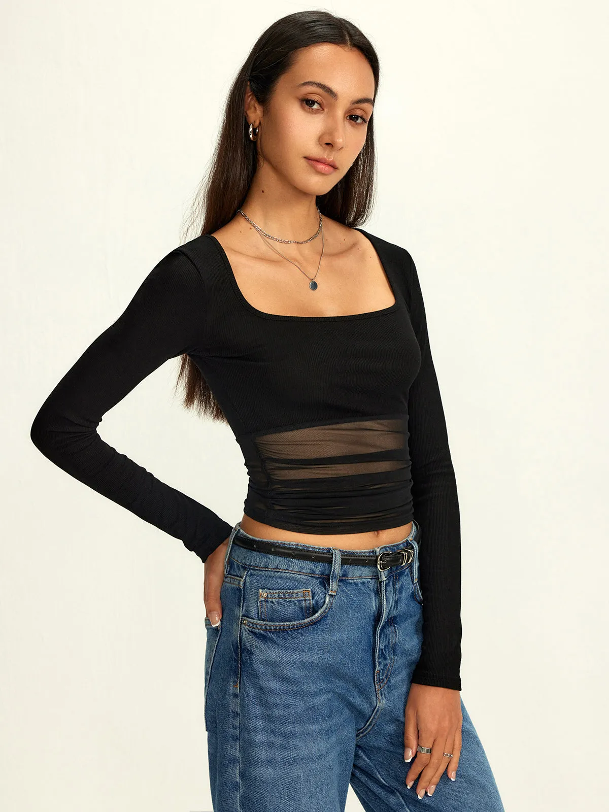 Mesh Square Neck Semi-Sheer T-Shirt sold by COMMENSE product image thumbnail 4