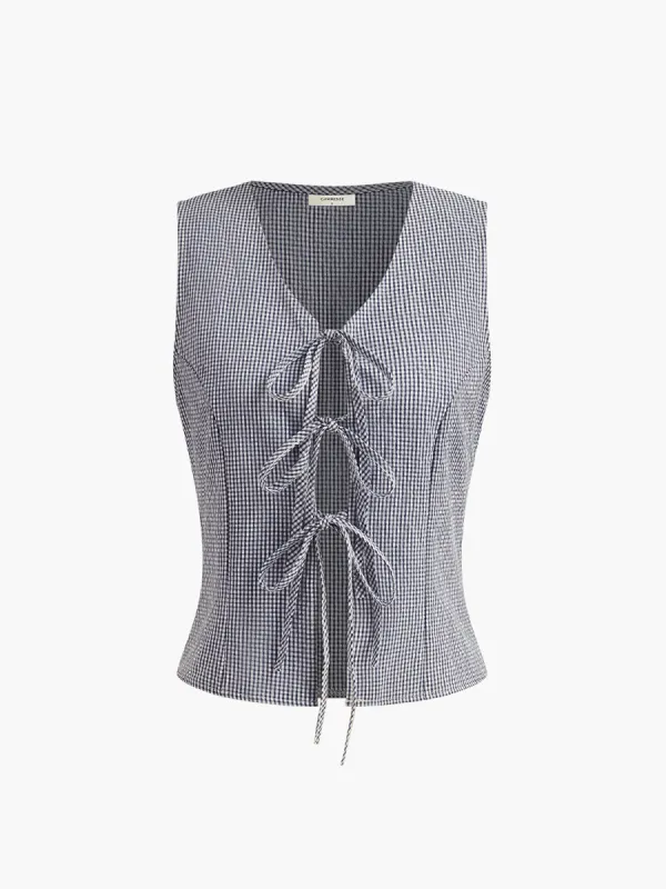 Plaid Knotted V-Neck Vest sold by COMMENSE