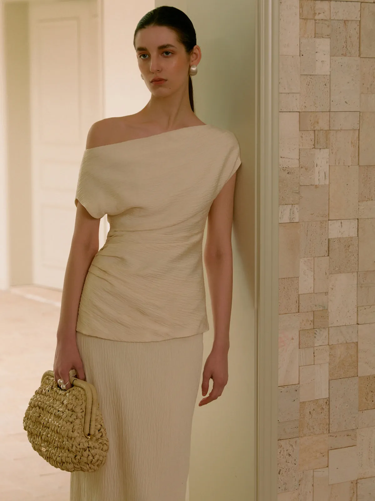 Asymmetrical Neck One Shoulder Off Pleated T-Shirt sold by COMMENSE product image thumbnail 5