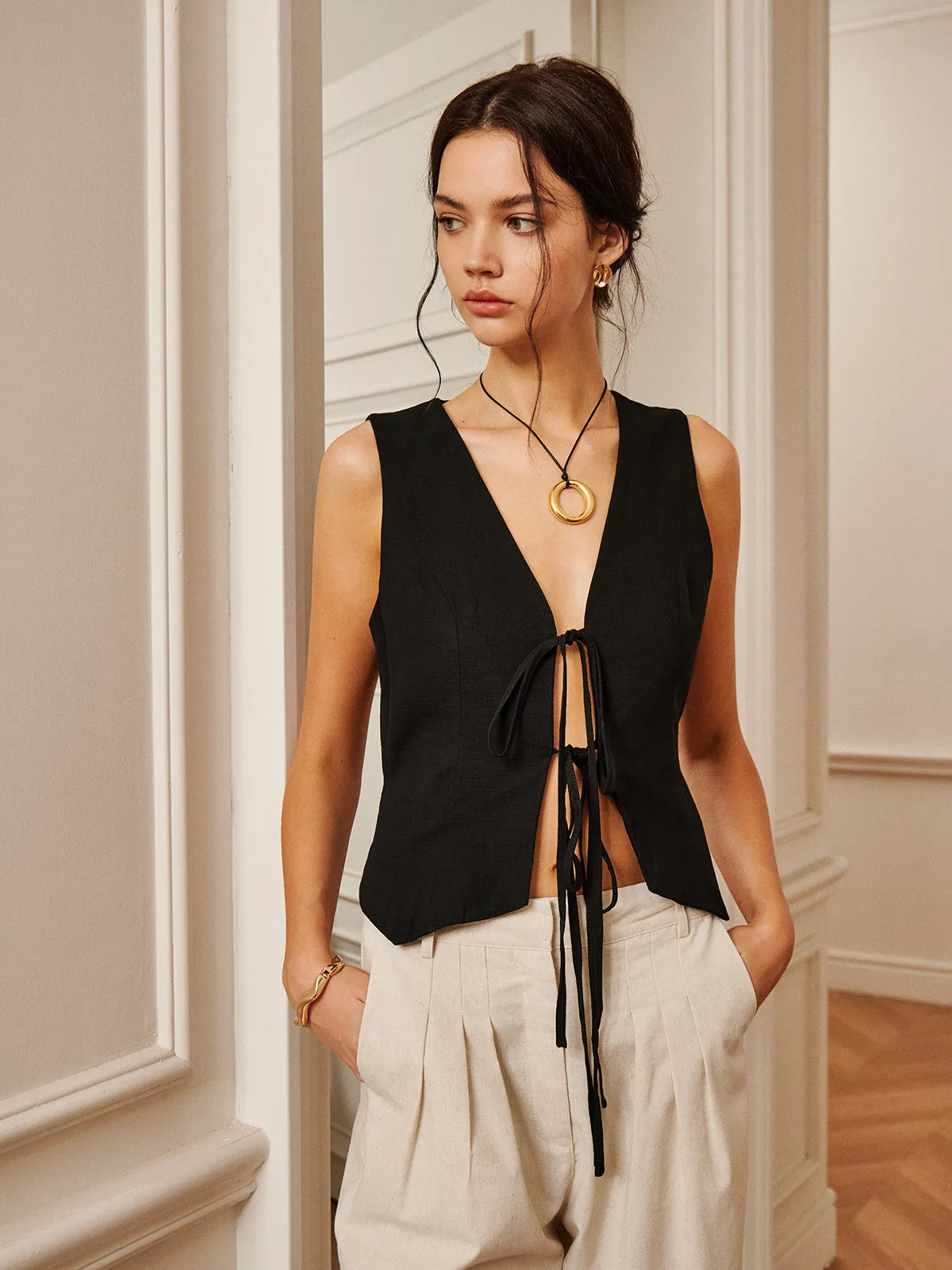 Cotton & Linen Tie-Detail Vest sold by COMMENSE product image thumbnail 2