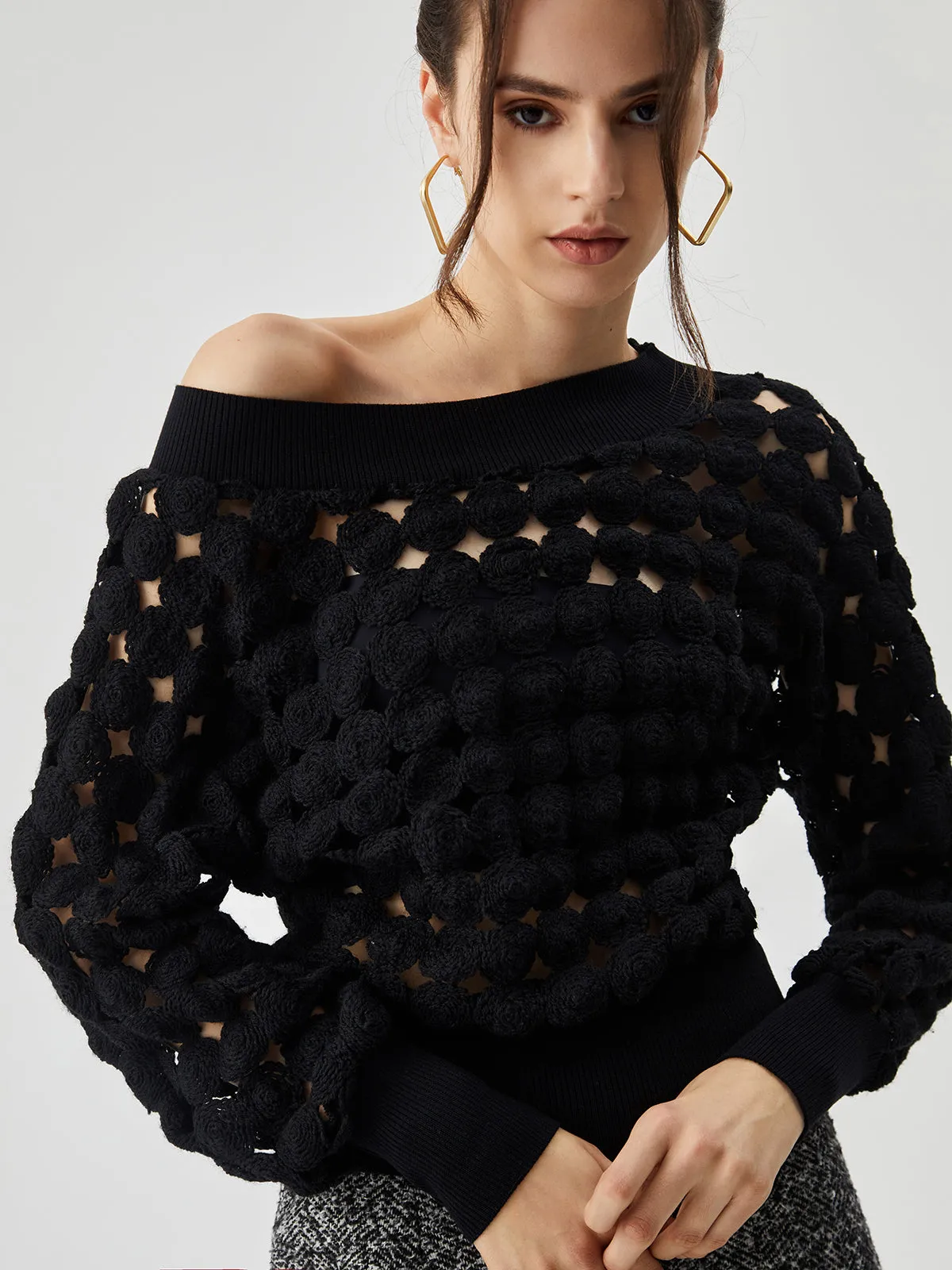 Crocheted Circle Hollow Off Shoulder T-Shirt sold by COMMENSE
