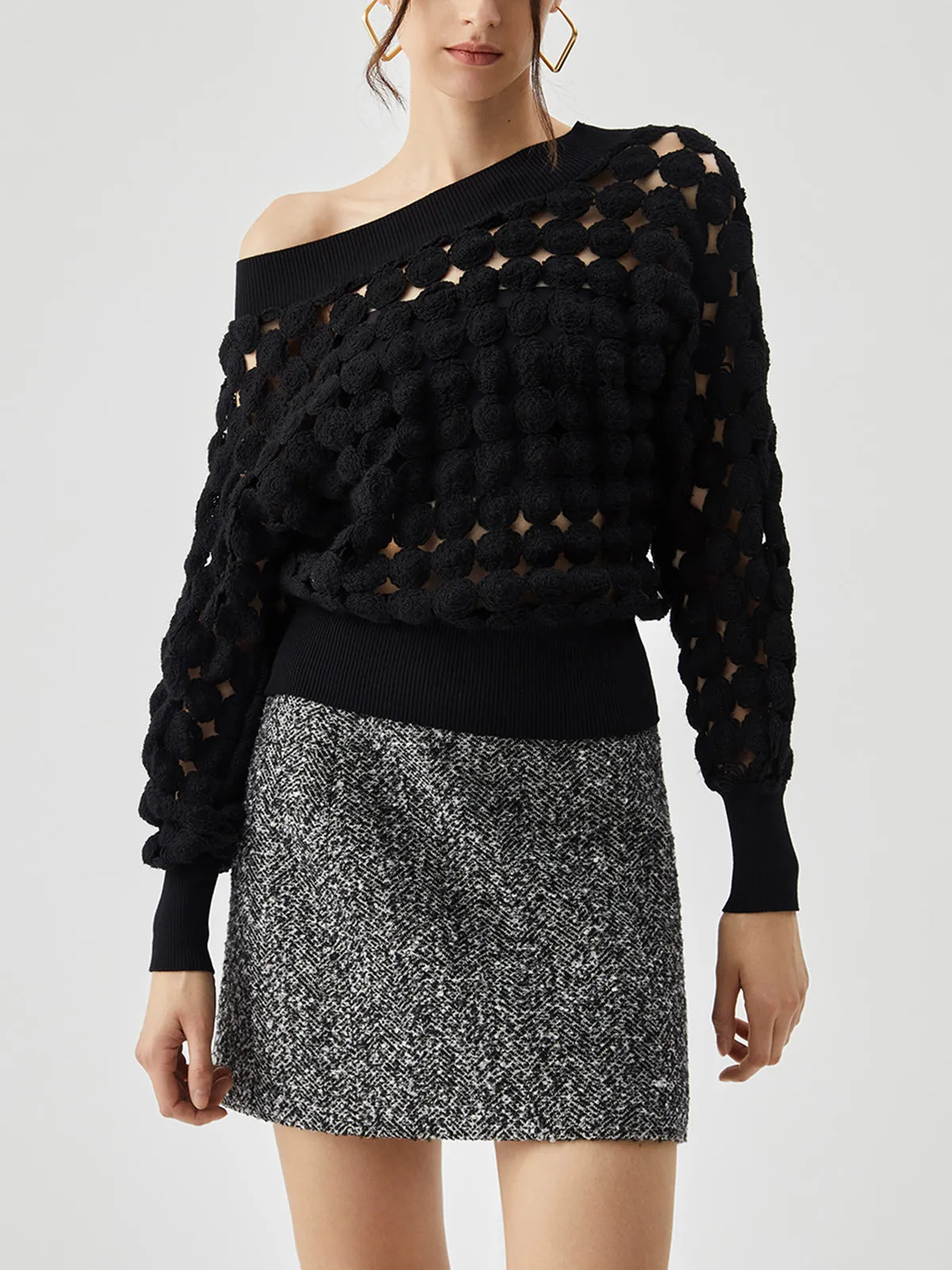 Crocheted Circle Hollow Off Shoulder T-Shirt sold by COMMENSE product image thumbnail 2