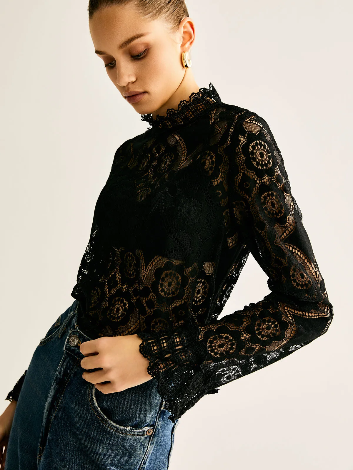 Lace Embroidery Floral Mock Neck T-Shirt sold by COMMENSE product image thumbnail 5