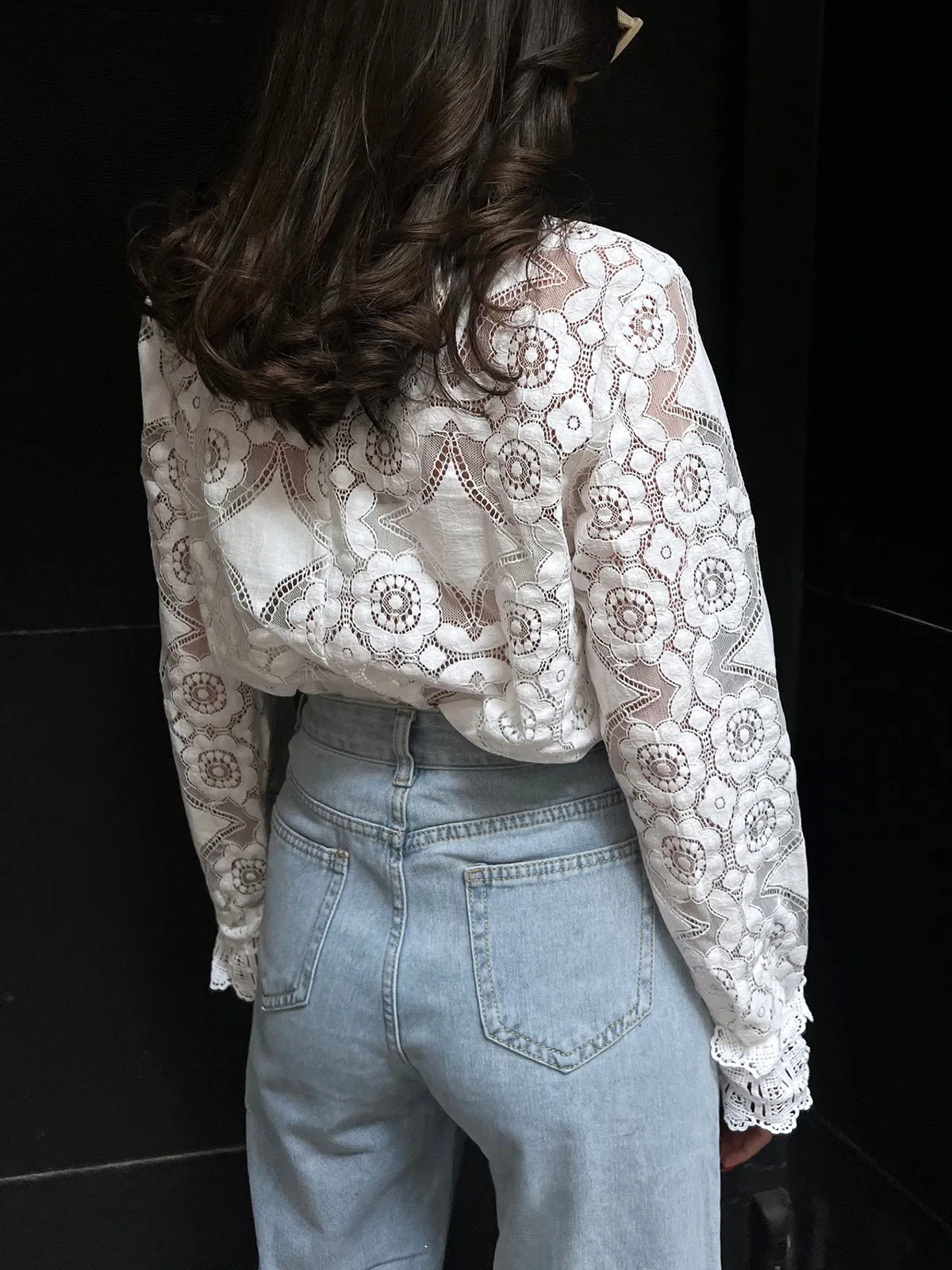 Lace Embroidery Floral Mock Neck T-Shirt sold by COMMENSE product image thumbnail 3