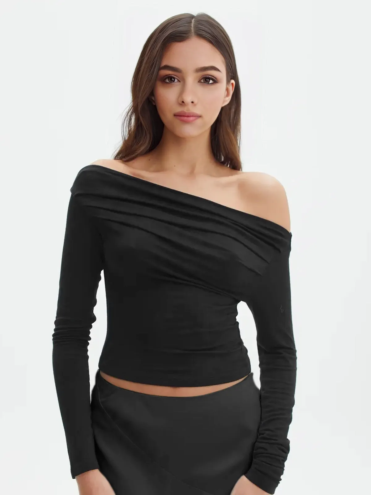 Oblique Off-Shoulder Long Sleeve T-Shirt sold by COMMENSE