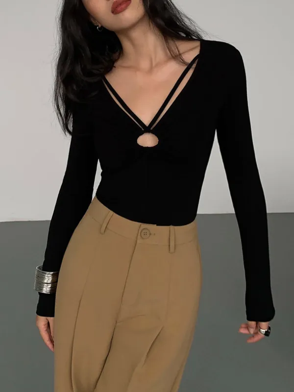 Double Sided Keyhole Rib Long Sleeve Shirt sold by COMMENSE