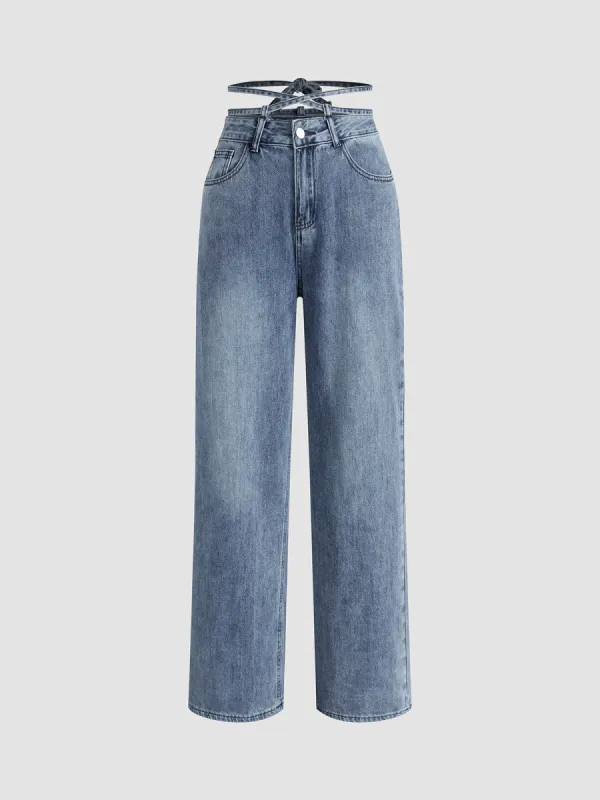 Cross Tie Waist Denim Straight Leg Jeans sold by COMMENSE