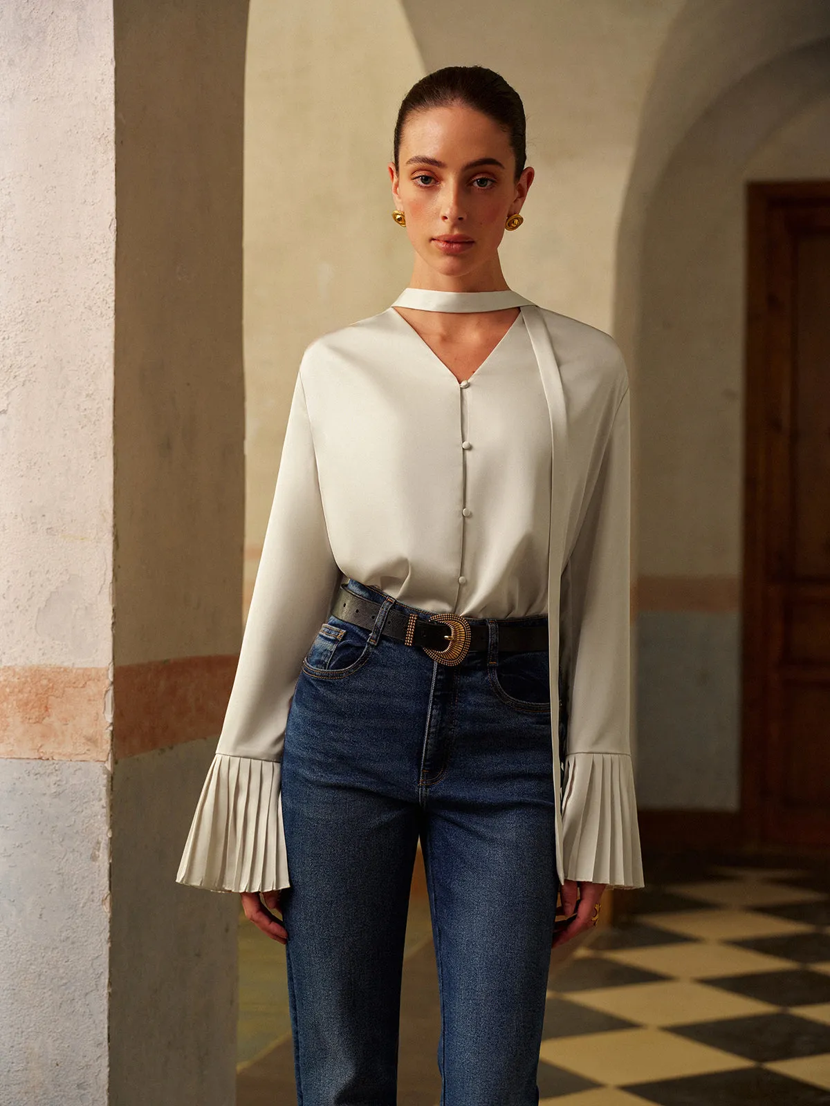 V-Neck Satin Pleated Blouse With Ribbon sold by COMMENSE product image thumbnail 5