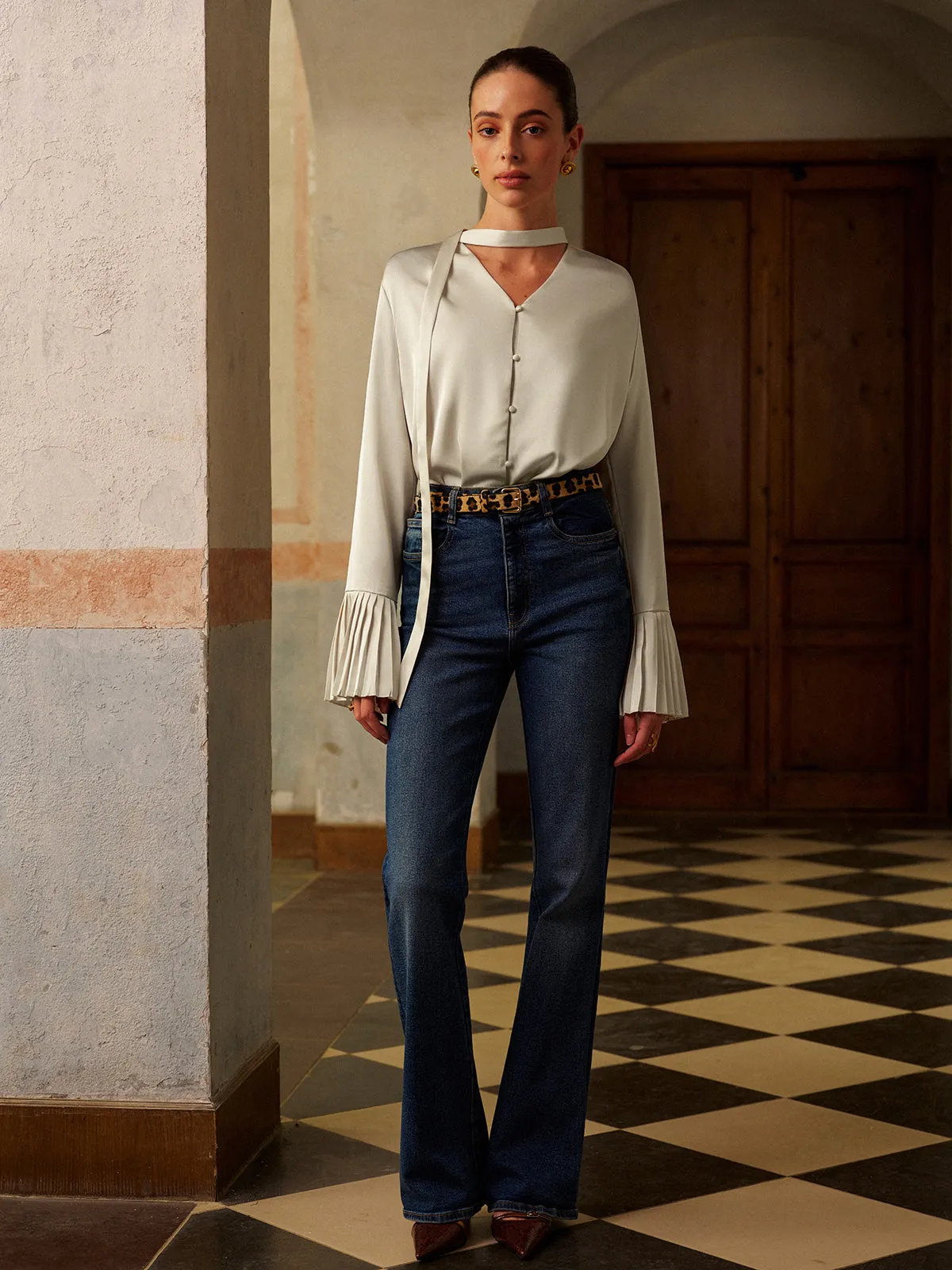 V-Neck Satin Pleated Blouse With Ribbon sold by COMMENSE product image thumbnail 4