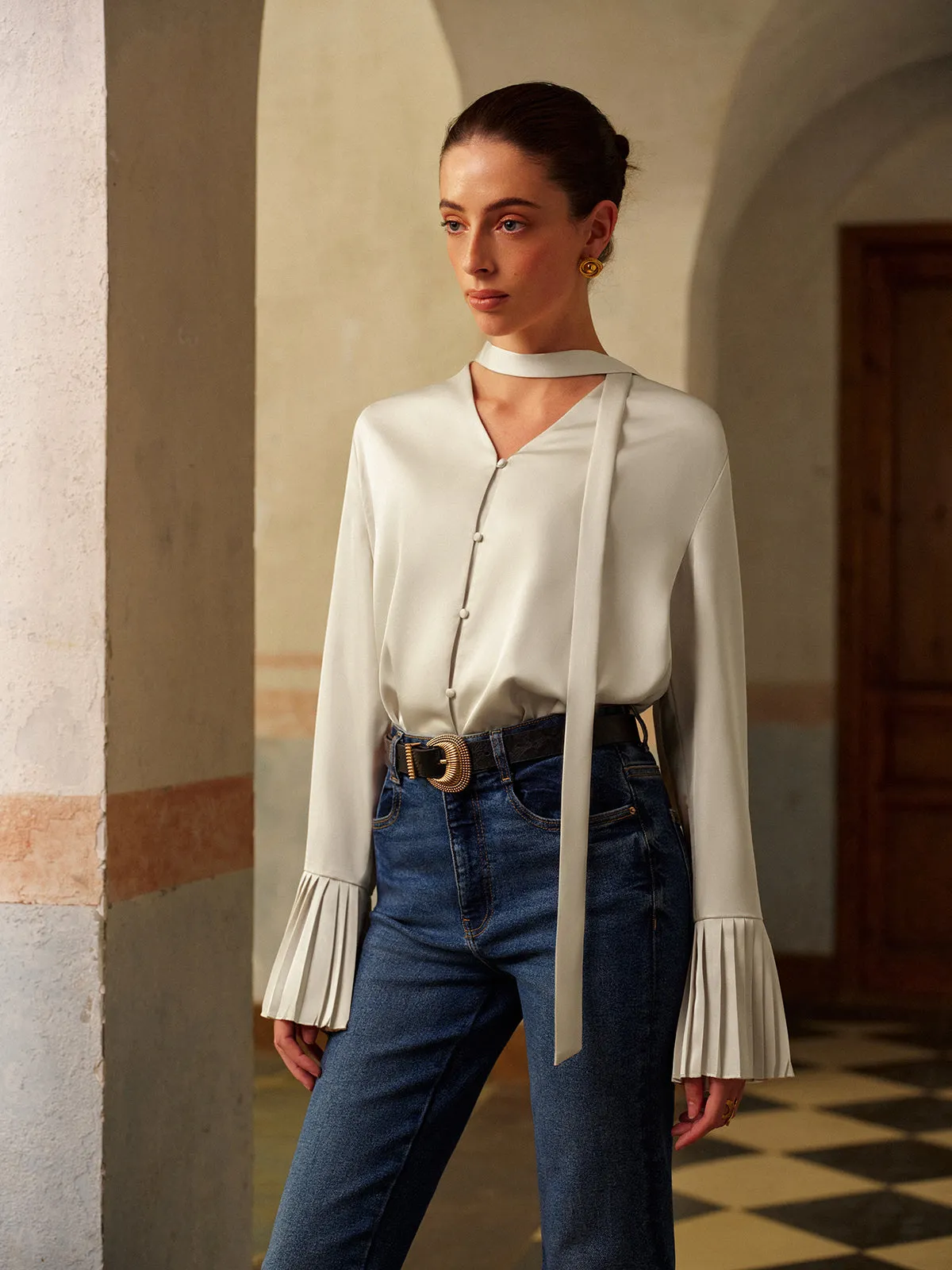 V-Neck Satin Pleated Blouse With Ribbon sold by COMMENSE product image thumbnail 2