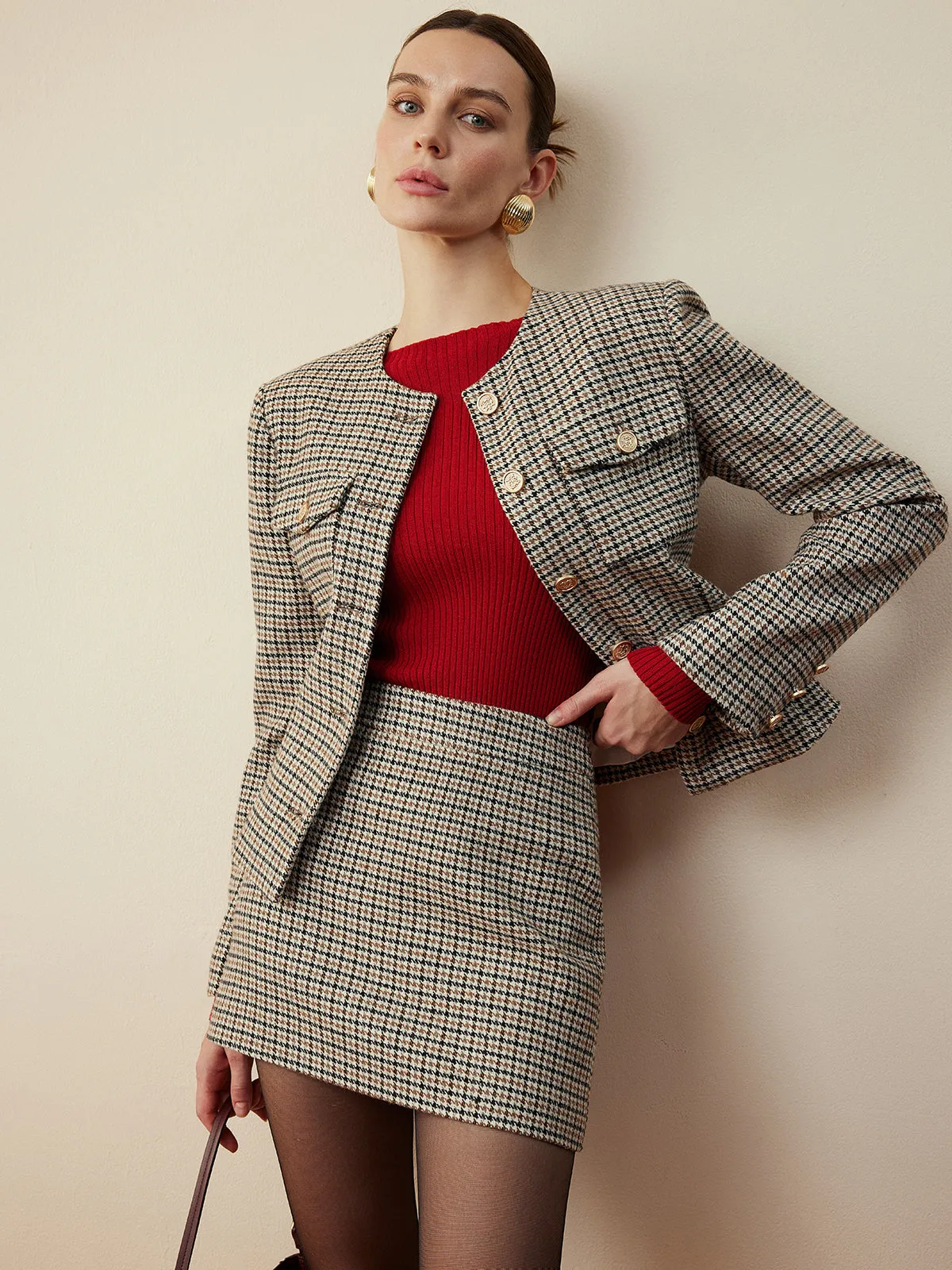 Houndstooth Button Short Jacket sold by COMMENSE