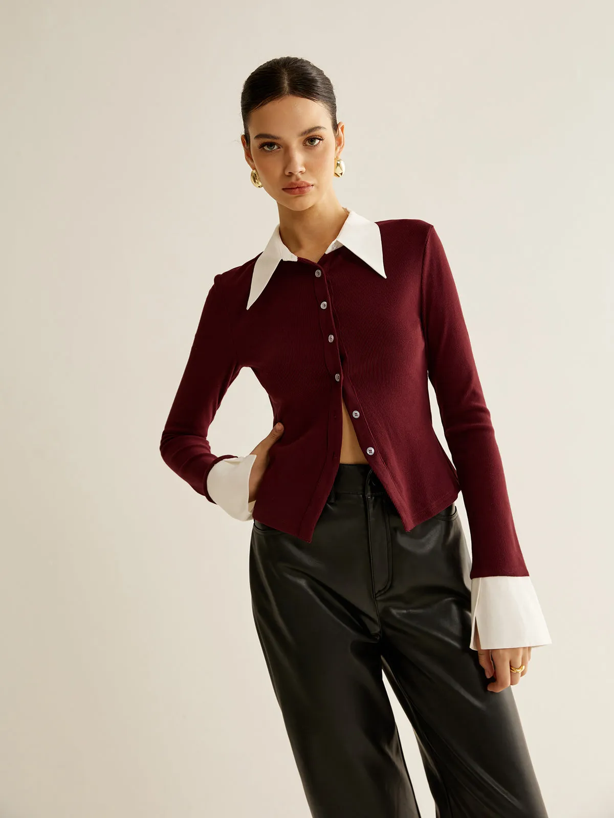 2 in 1 Contrast Binding Button Blouse sold by COMMENSE product image thumbnail 3