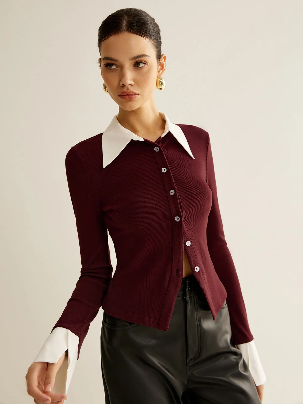 2 in 1 Contrast Binding Button Blouse sold by COMMENSE product image thumbnail 4