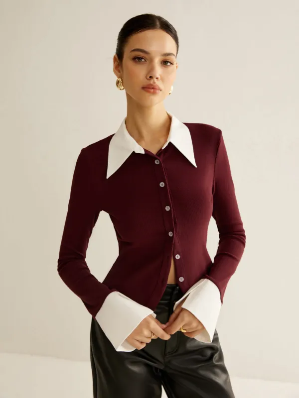 2 in 1 Contrast Binding Button Blouse sold by COMMENSE