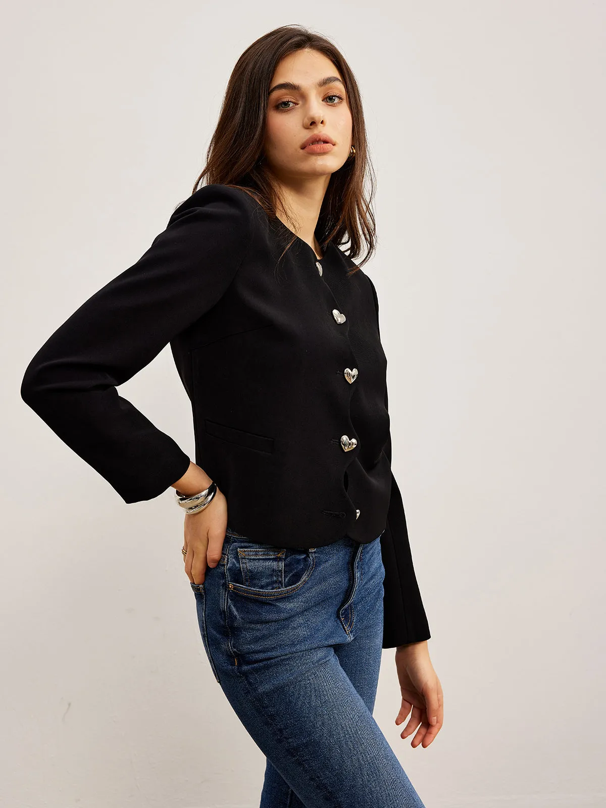 Heart-Button Regular Fit Jacket sold by COMMENSE product image thumbnail 4