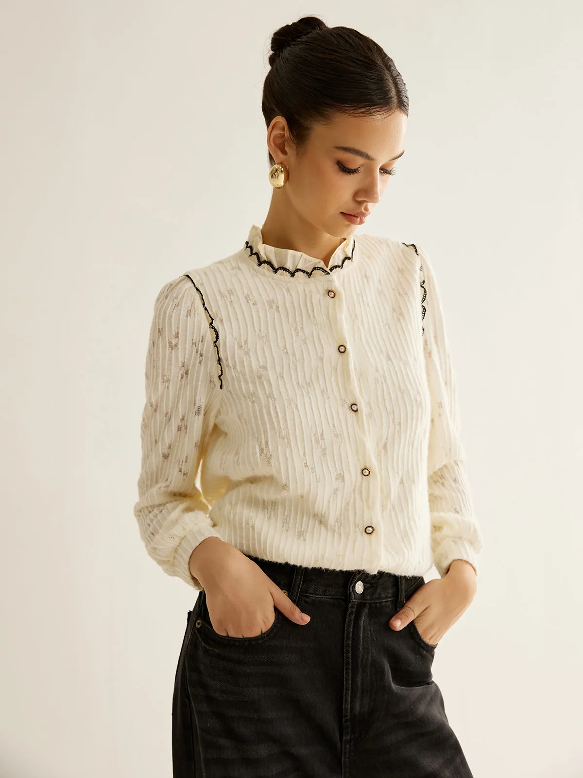 Elegant Lettuce Trim Button Blouse sold by COMMENSE product image thumbnail 3
