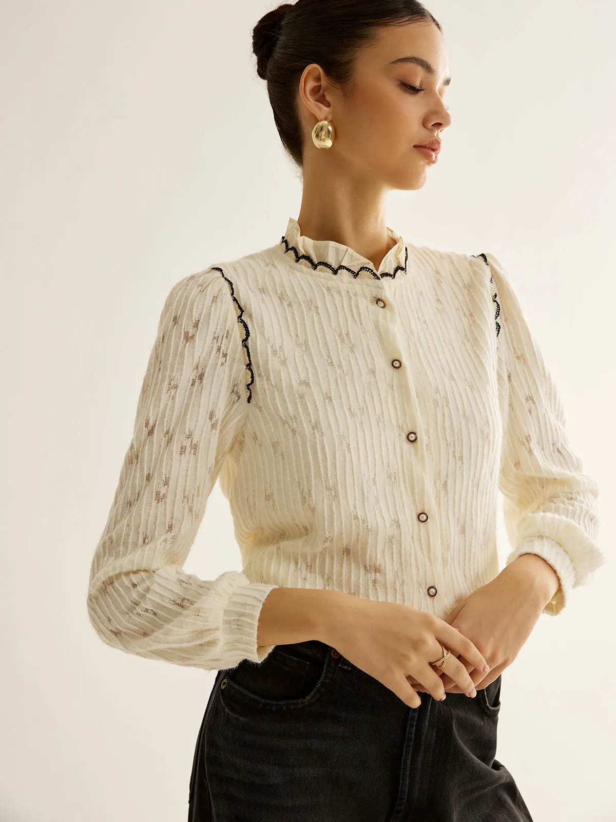 Elegant Lettuce Trim Button Blouse sold by COMMENSE
