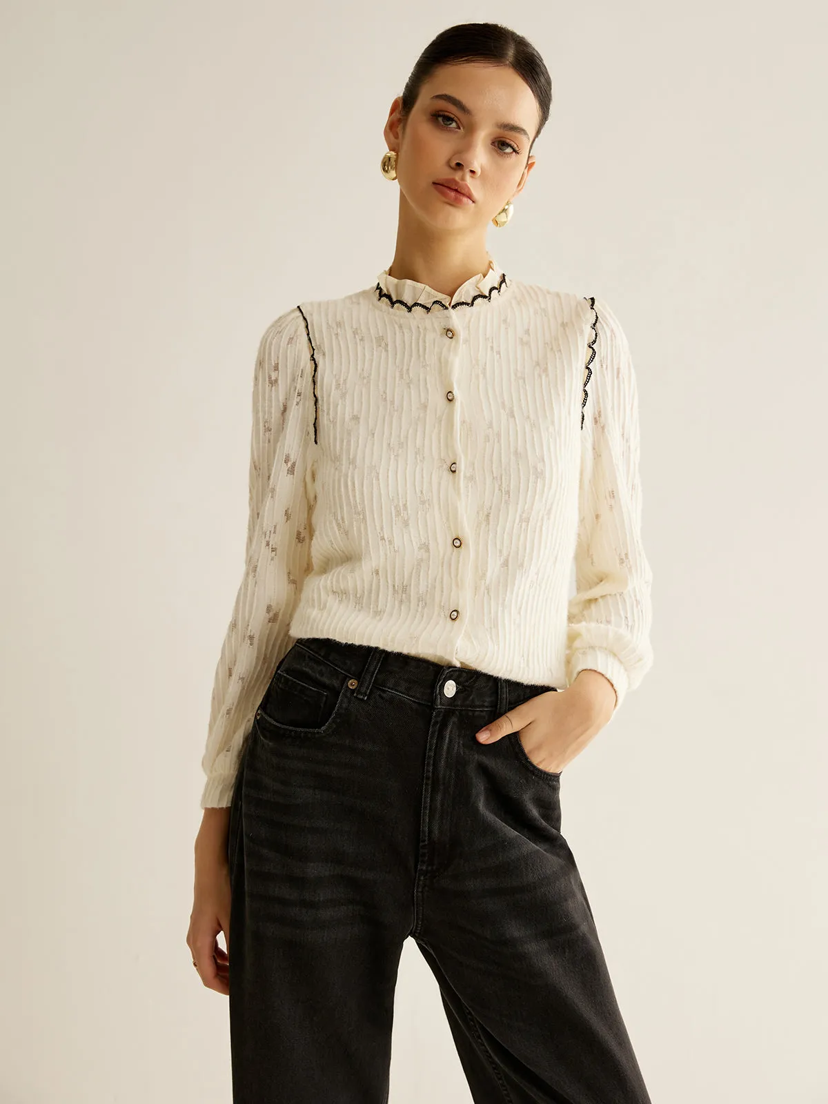 Elegant Lettuce Trim Button Blouse sold by COMMENSE product image thumbnail 2