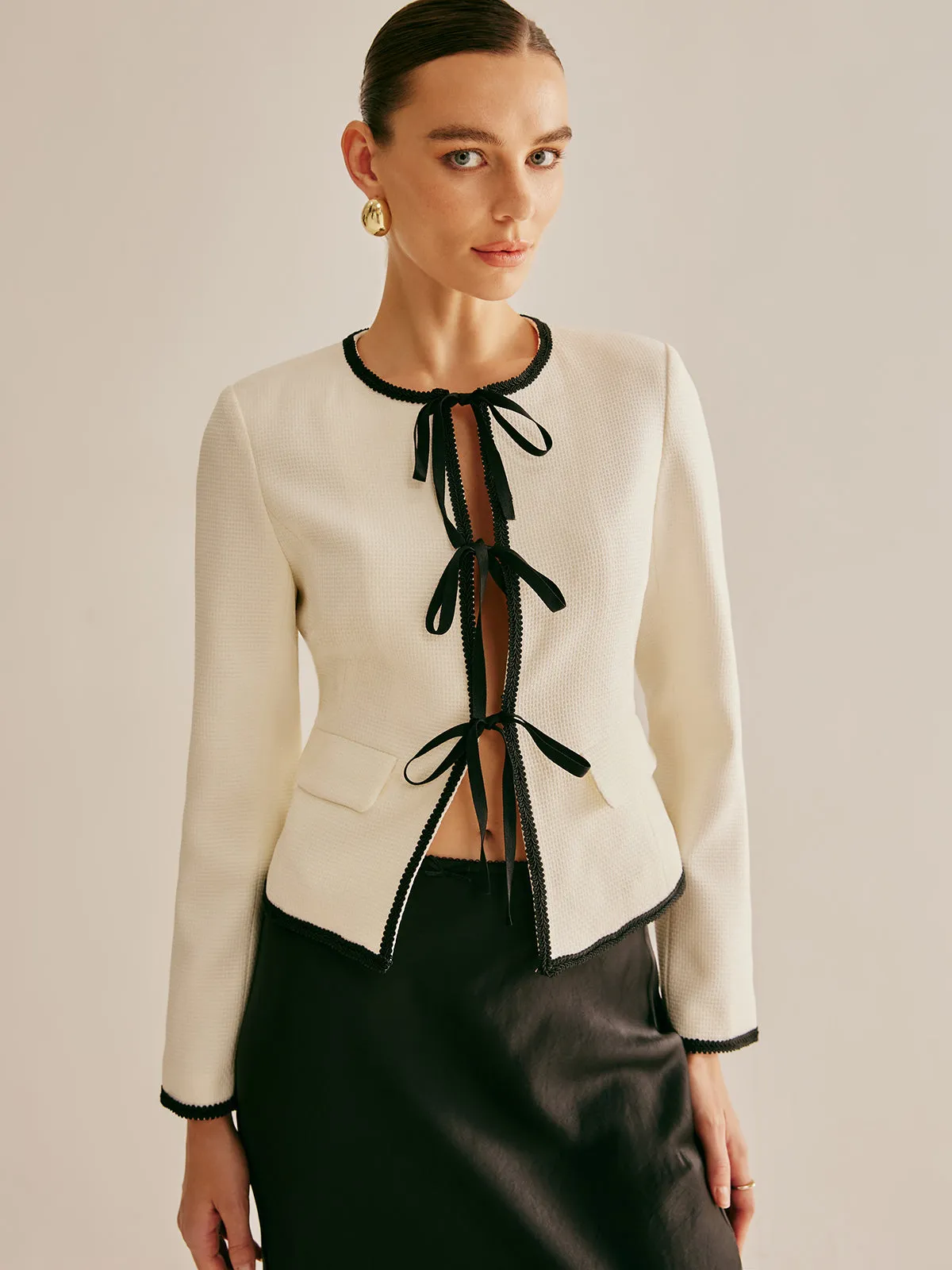 Contrast Trim Tie Front Jacket sold by COMMENSE product image thumbnail 2