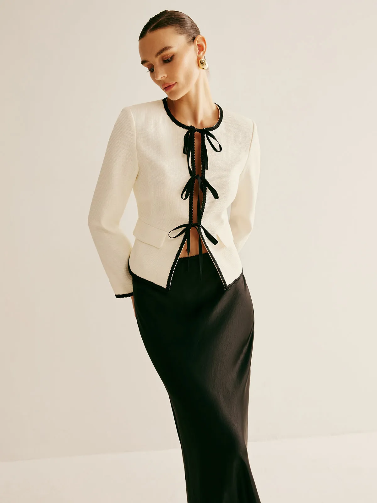 Contrast Trim Tie Front Jacket sold by COMMENSE